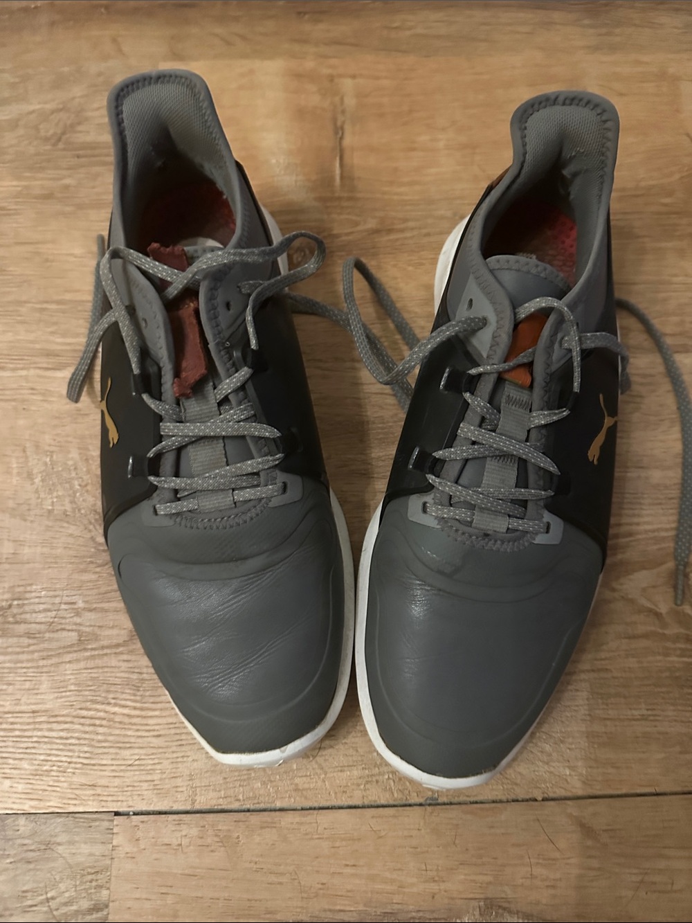 Puma Men’s Gray and Black Low-Top Golf Shoe with Gold Logo